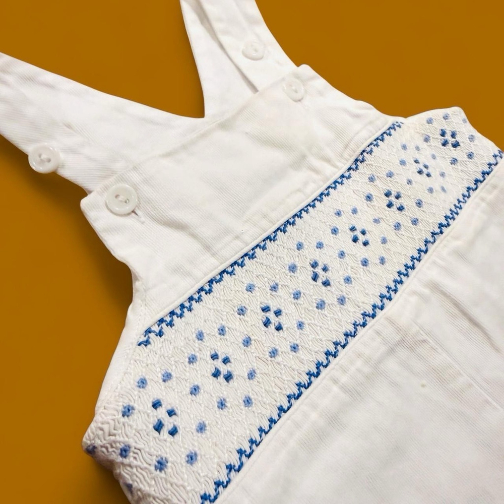 Vive La Fete Baby Romper 12M White Smocked Blue Embroidered Jon Jon Outfit